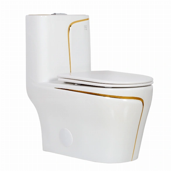 Modern Luxury Style Bathroom Dual Flush Gold Line White One Piece Elongated Toilet 